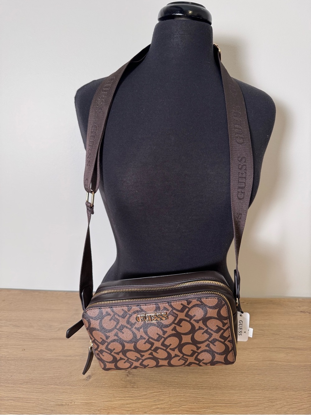 Guess Brown Logo Crossbody Bag with Dark Brown Strap